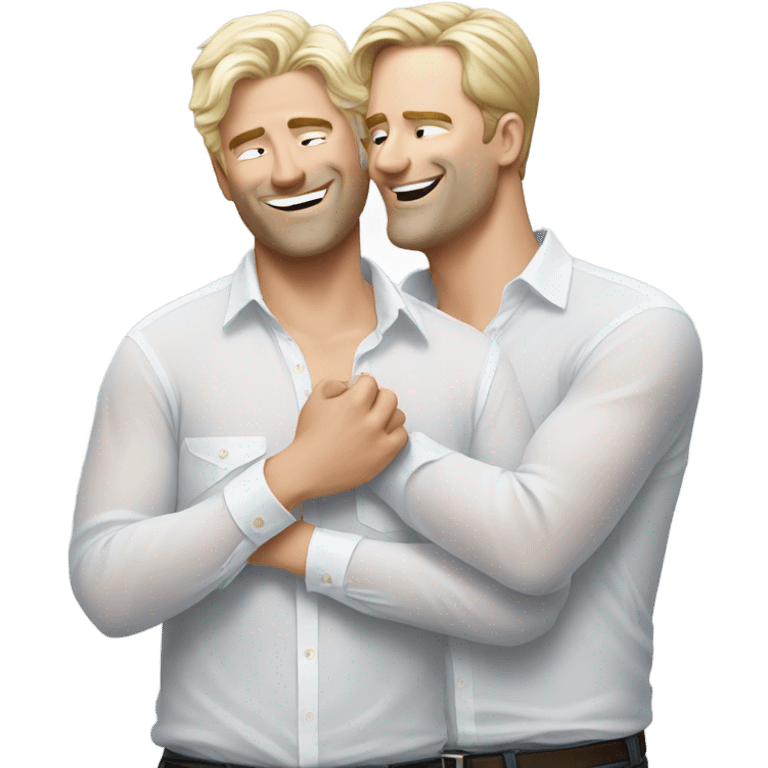 Two white men tenderly embracing see through shirts emoji