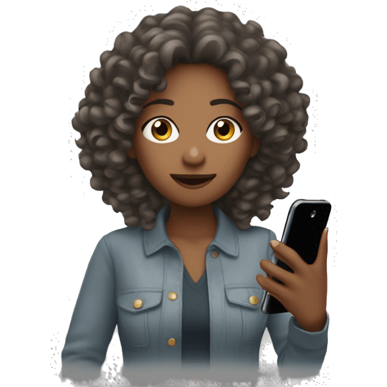 A woman with down curly hair ￼ holding her phone emoji