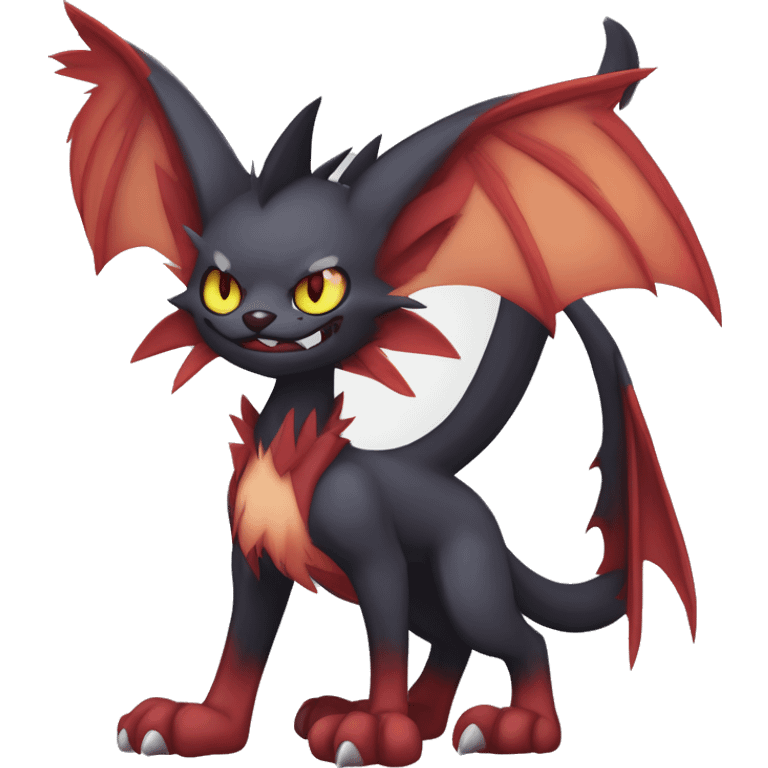   cool edgy fantasy anime-style dark animal vampiric Litten-Zoroark-Nargacuga-cat-hybrid Fakemon with big fangs and bat-ears full body emoji