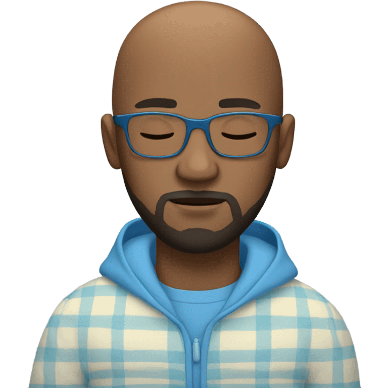 black man with bald head, glasses, a beard and goatee in Blue pajamas sleeping in a car. emoji