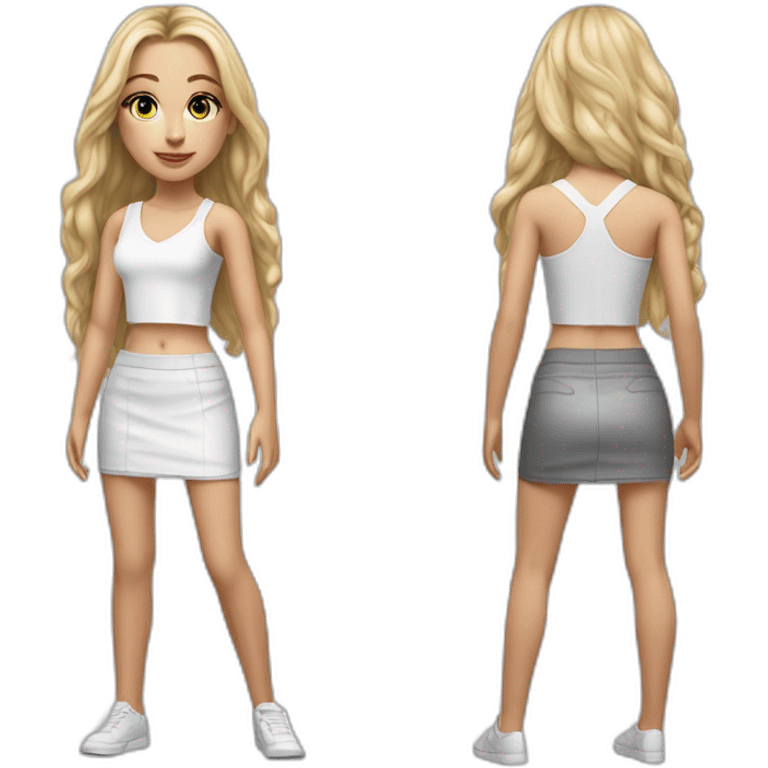 hyperrealist caucasian girl, long straight blonde hair, white v-neck laced crop tanktop, grey tight micro skirt emoji