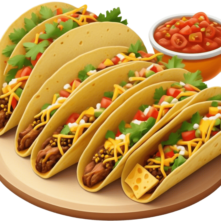 Cinematic vibrant tacos, warm soft shells filled with flavorful meats, fresh vegetables, cheese, and zesty salsa, colorful and lively, ultra-detailed and appetizing. emoji