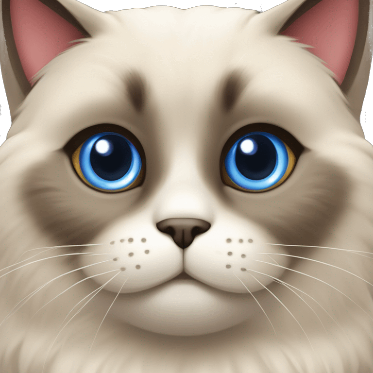 Long, chubby, cute, flat beige fur, blue round eyes, round pupils, Siamese and ragdoll mix cat, a grey face pattern, fur in his ears, wearing a red ribbon, darker paws emoji