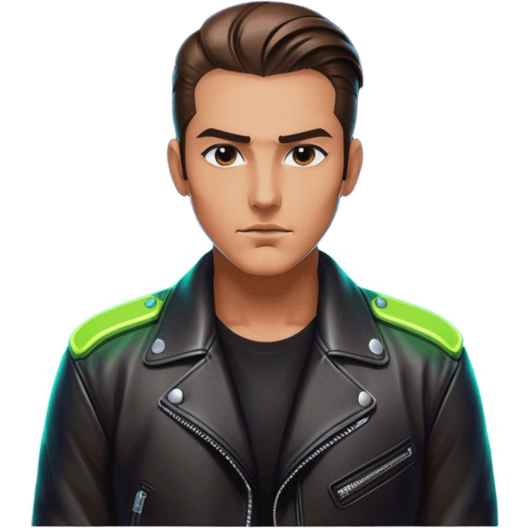 A lone biker with slicked-back hair, wearing a leather jacket, his face partially lit by neon lights emoji