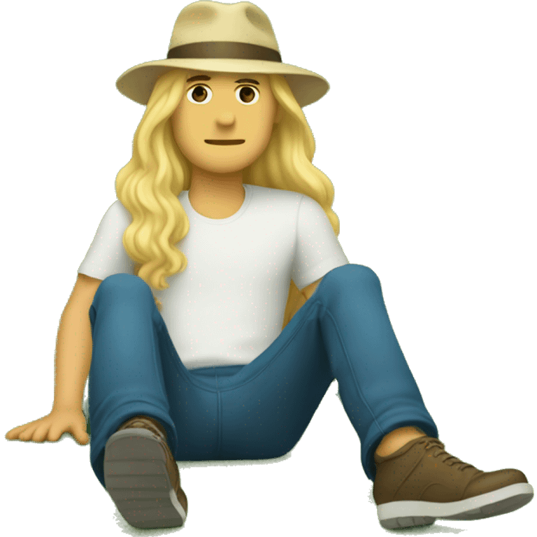 Tall, blonde guy with long hair, wearing a hat laying down on the grass emoji