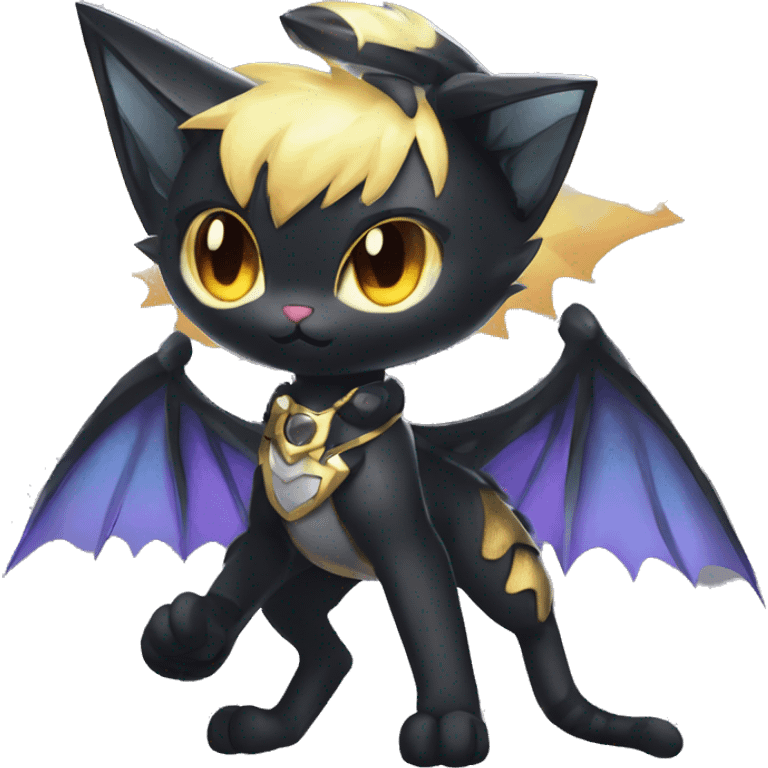 Shiny Cool Punk Black beautiful fantasy Kawaii Sona Fakemon-cat-animal with edgy bat-wings-ears Full Body emoji