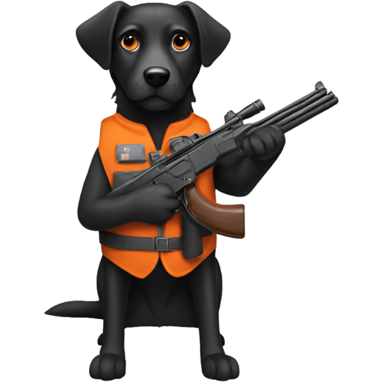 black dog holding a shotgun wearing a orange vest emoji