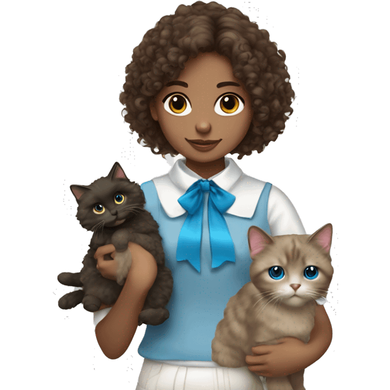 Brunette curly hair girl holding a fluffy Ragdoll cat with blue eyes and bow collar emoji