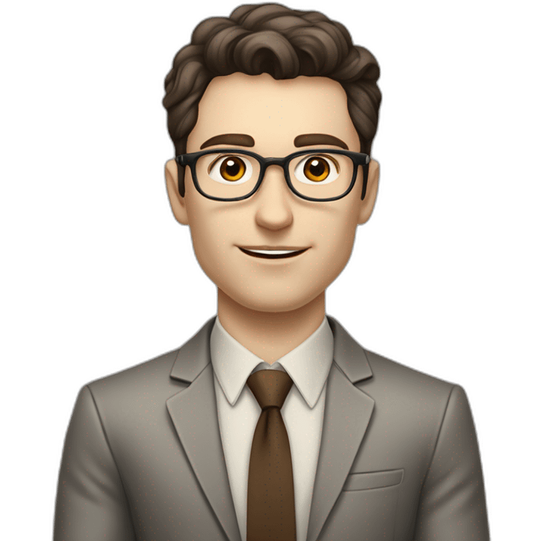 Pale skinned fit man with dark brown hair in gray jacket, beige office shirt, brown tie, brown pants and vintage glasses Writing on the flipchart emoji