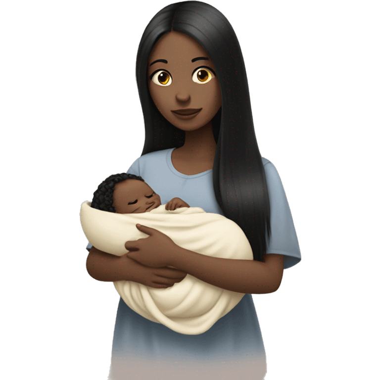 Pale girl with long black hair is holding a pale newborn baby emoji