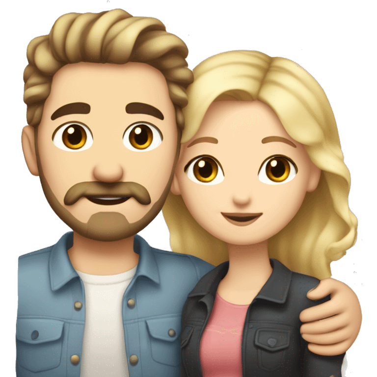 White girl with dark lash line and blonde highlights in her hair, hugging a white guy with short dark brown curly hair and a mustache and face beard trimmed  emoji