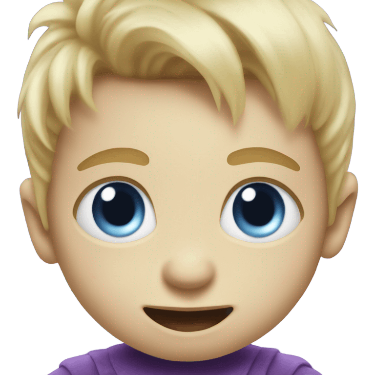 Little blonde hair blue eyed baby boy playing with a purple giant monster emoji