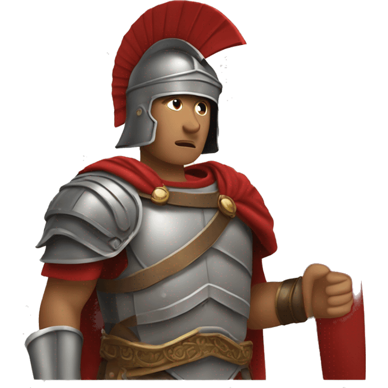 Create an image of an ancient Roman soldier in the style of Apple emoji. The soldier should be dressed in traditional Roman armor with a detailed helmet, a short cloak, and a shield. emoji