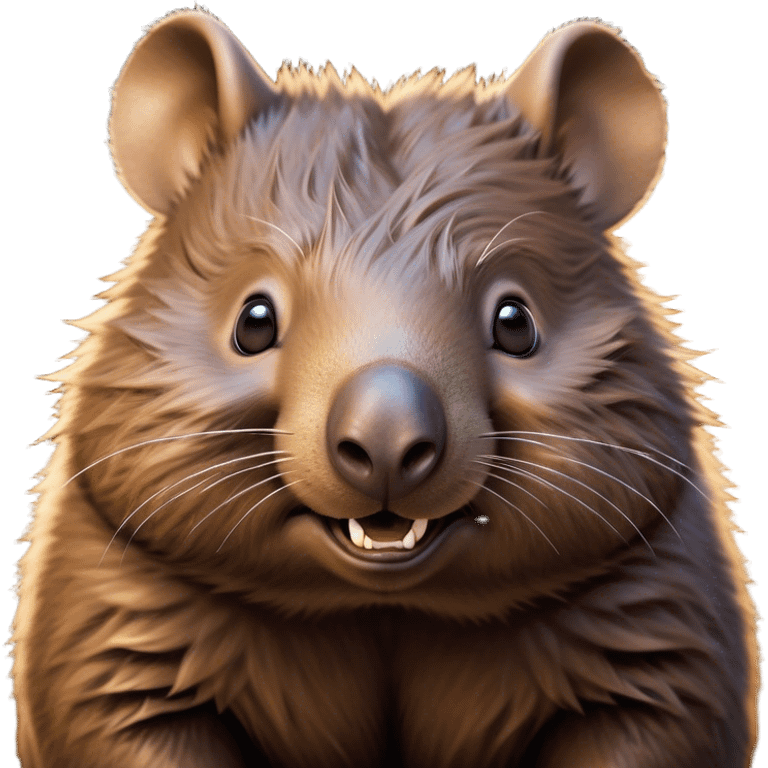 Cinematic Comical Wombat Portrait Emoji, Head tilted dramatically with an exaggeratedly amused expression, featuring a striking, glossy shaggy brown fur with bold textures and wide, expressive eyes filled with playful disbelief, Simplified yet hilariously expressive features, highly detailed, glowing with a slightly sassy glow, high shine, dramatic yet playful, stylized with an air of cheeky bush mischief, bright and endearing, soft glowing outline, capturing the essence of a spirited and over‐the‐top wombat, so meme‐worthy it feels like it could snort its way into internet fame instantly! emoji