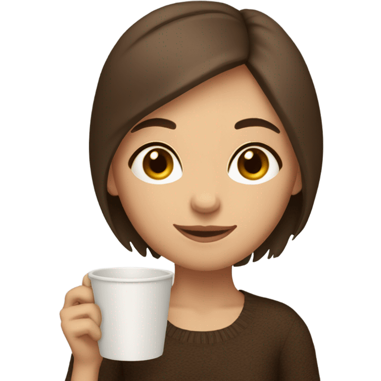 a girl pixie short brown hair brown eyes holding a cup cozy  emoji