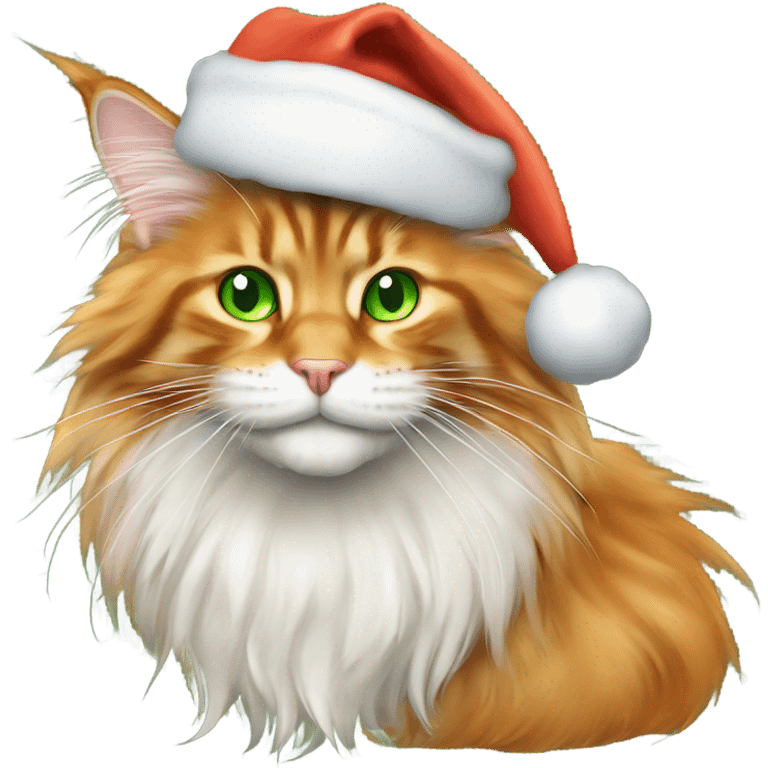 orange maine coon with green eyes wearing santa hat emoji