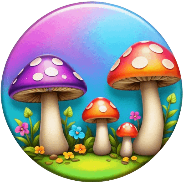 A round psychedelic colored button with bezeled edges and colorful hippie style mushrooms emoji