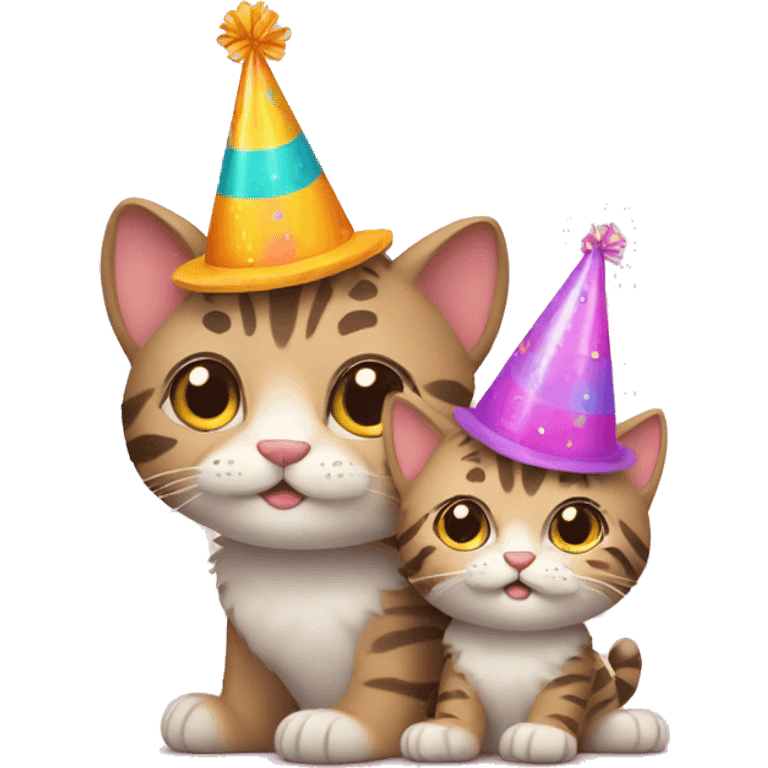 big cat and little kitten wearing birthday hats emoji