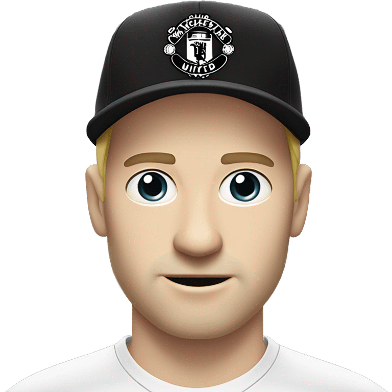 a white-skinned man without a mustache and beard in a Manchester United football club T-shirt, wearing a black hat without logos, two horns sticking out of his forehead emoji