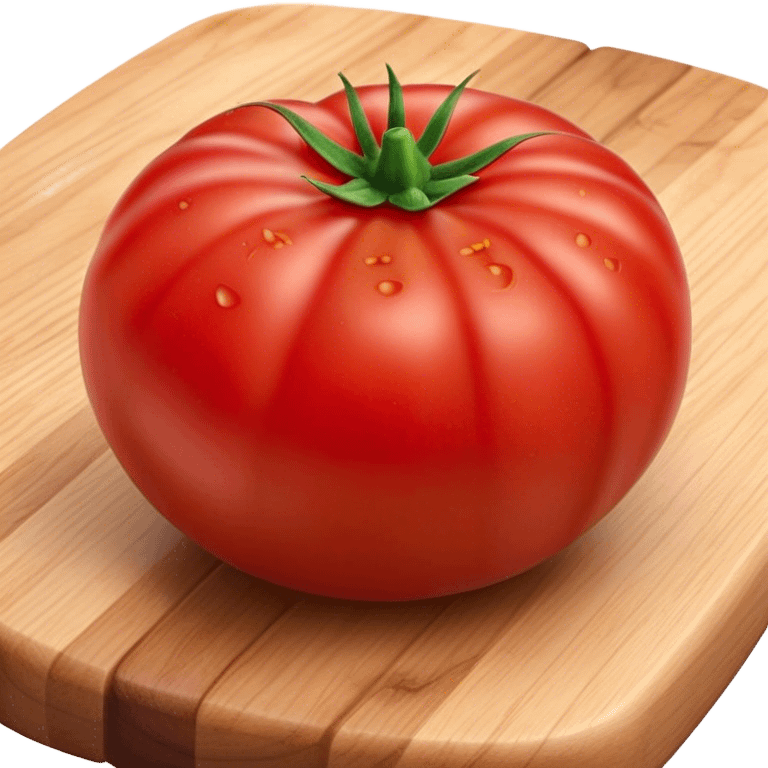 Cinematic juicy ripe tomatoe, deep red, slightly dewy, arranged on a wooden cutting board, soft glowing background, rich and flavorful. emoji