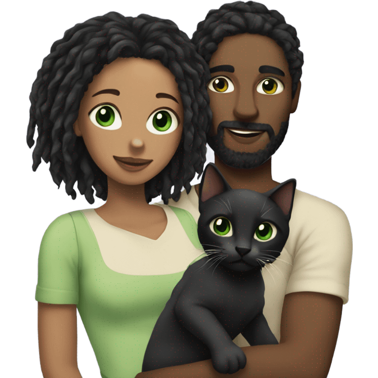 Man with dreadlocks holding a kitten with a woman with black hair and greens eyes emoji