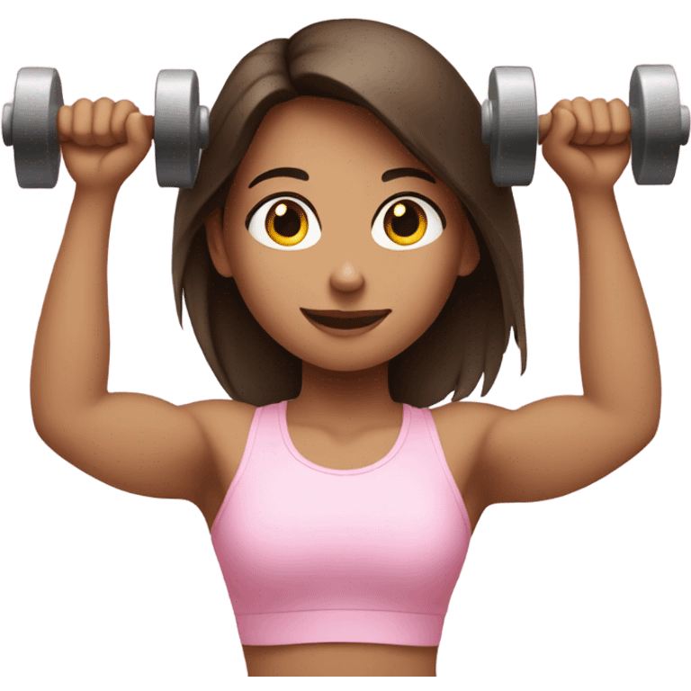 brunette girl lifting weights in light pink  emoji