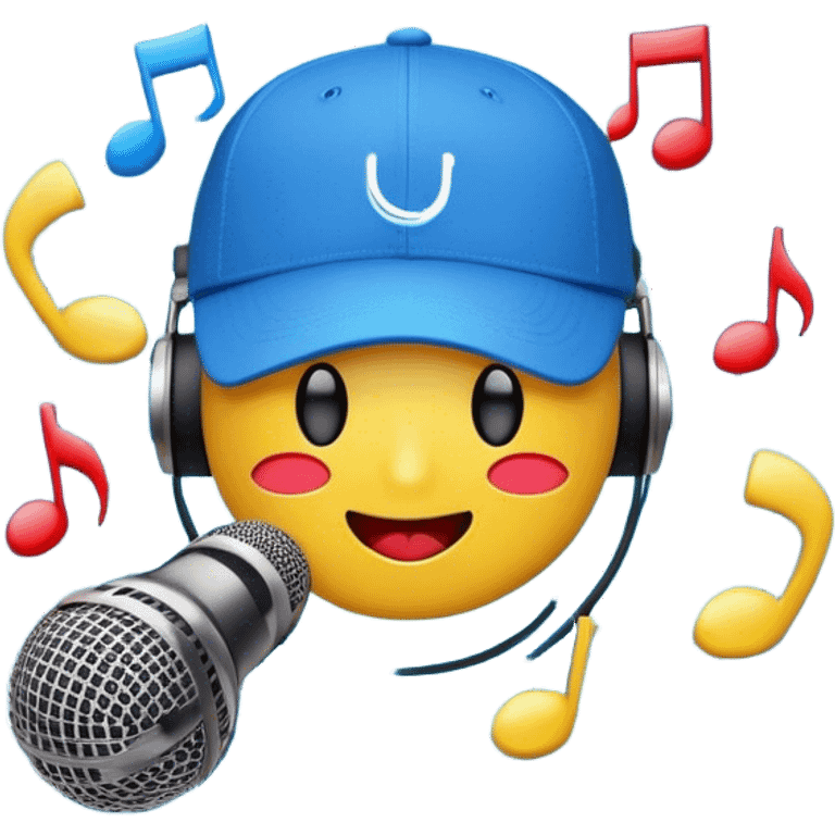 Create a dynamic and energetic emoji that represents beatboxing. The design should feature a microphone with a singing mouth and soundwaves or rhythmic beats emanating from it, symbolizing the vocal percussion and rhythm of beatboxing. Add a cap placed on top of the microphone to reflect street culture and the individuality of the performer. Include musical notes floating around to emphasize the musicality. Use bold, vibrant colors like neon blue, red, and yellow to convey energy and excitement. The background should be transparent emoji