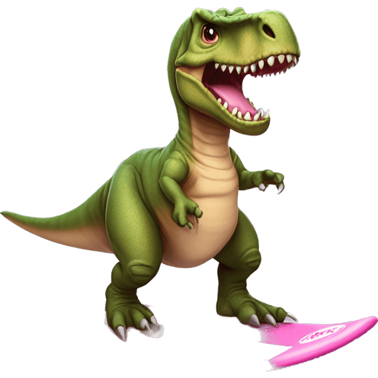 T-Rex com um tutu rosa em uma prancha de surfe emoji