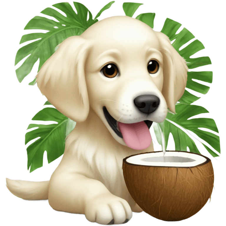 White puppy Golden retriever drinking coconut emoji