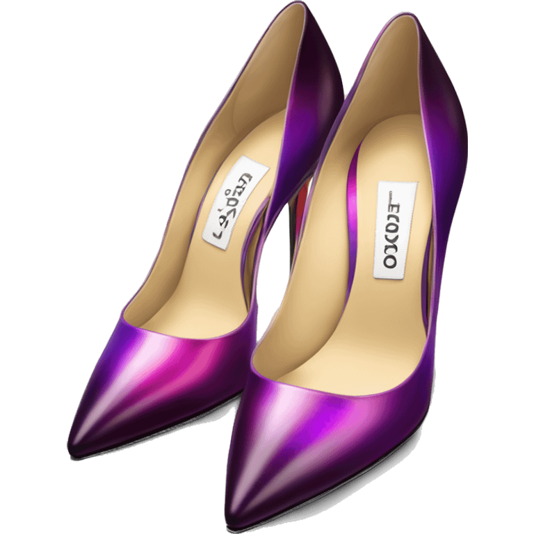 Real isolated top view of a pair of metallic magenta to dark purple ombre Jimmy Choo stiletto high heel shoes.  emoji