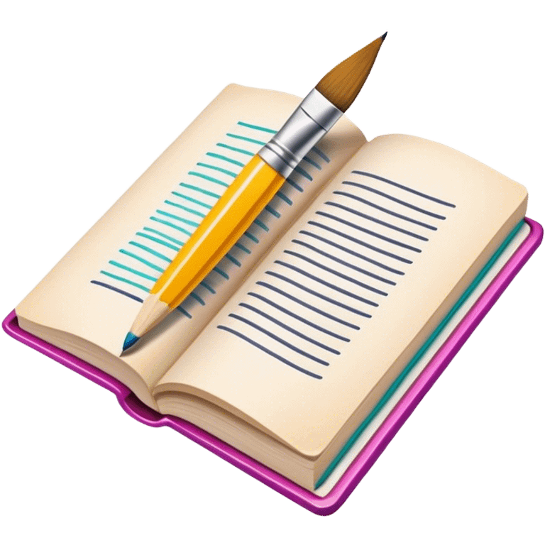 icon for Illustration hobbie, paintbrush and pencil under book's illustrated page, colorful sketch, simple lines, minimalistic style, transparent background. emoji