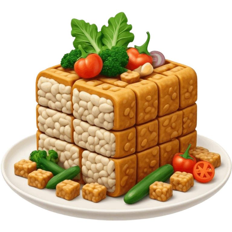 Cinematic Realistic Tempeh Dish Emoji, showcasing fermented soy cake cooked to a crispy finish rendered with lifelike textures and warm, inviting lighting. emoji