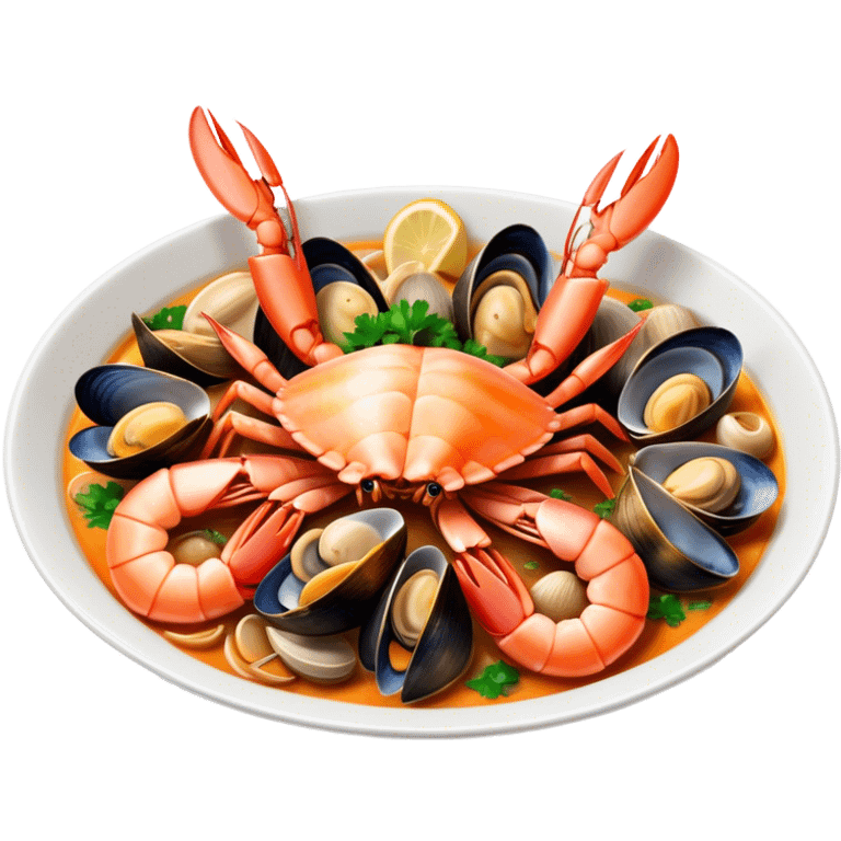 Cinematic Realistic Buzara Seafood Dish Emoji, depicted as a rustic, flavorful seafood stew with shellfish rendered with rich textures and dynamic, maritime lighting. emoji