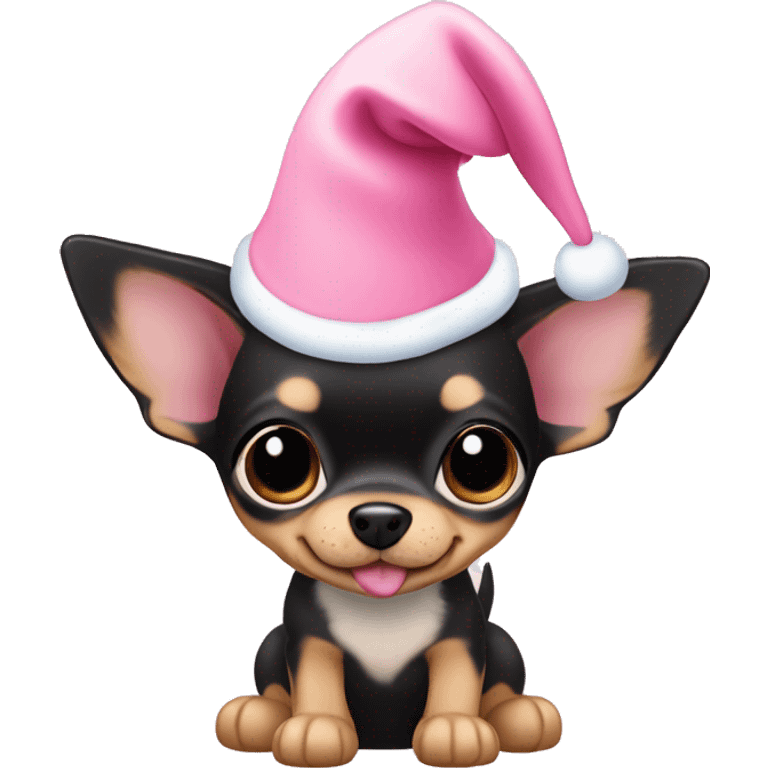 black & tan chihuahua puppy full body light blue eyes pink christmas hat on emoji