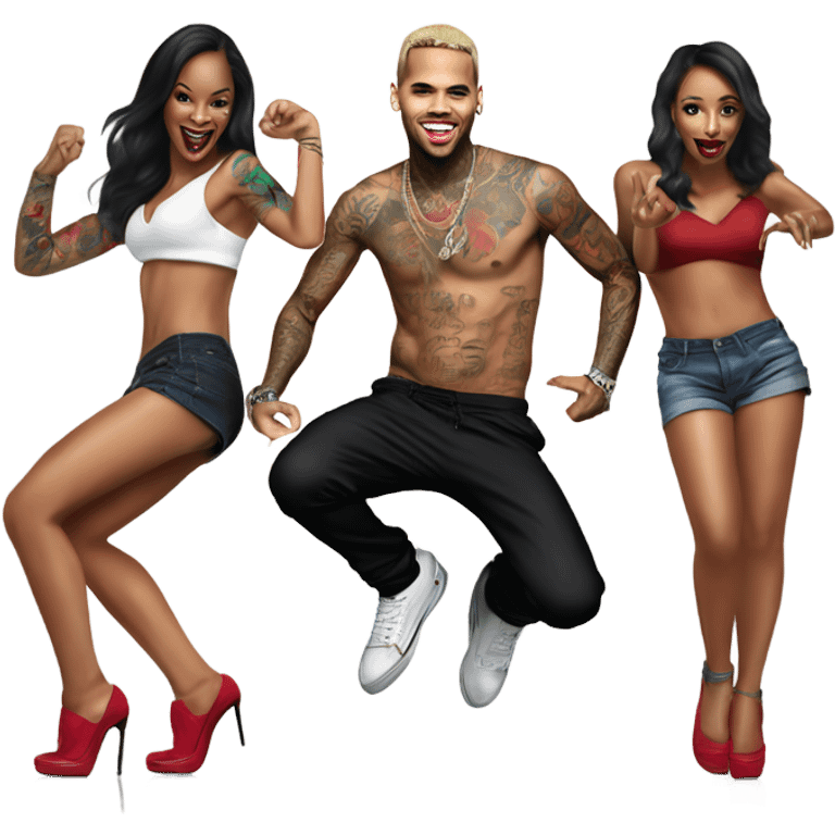 Hyper Realistic Chris Brown   dancing with 3 beautiful tattooed female dancers emoji