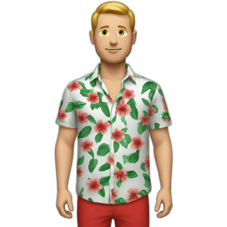 white man with a flower shirt with a red pant emoji