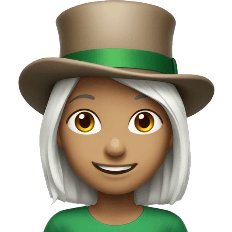 smiling girl- skin white- hair brown - in green top hat emoji