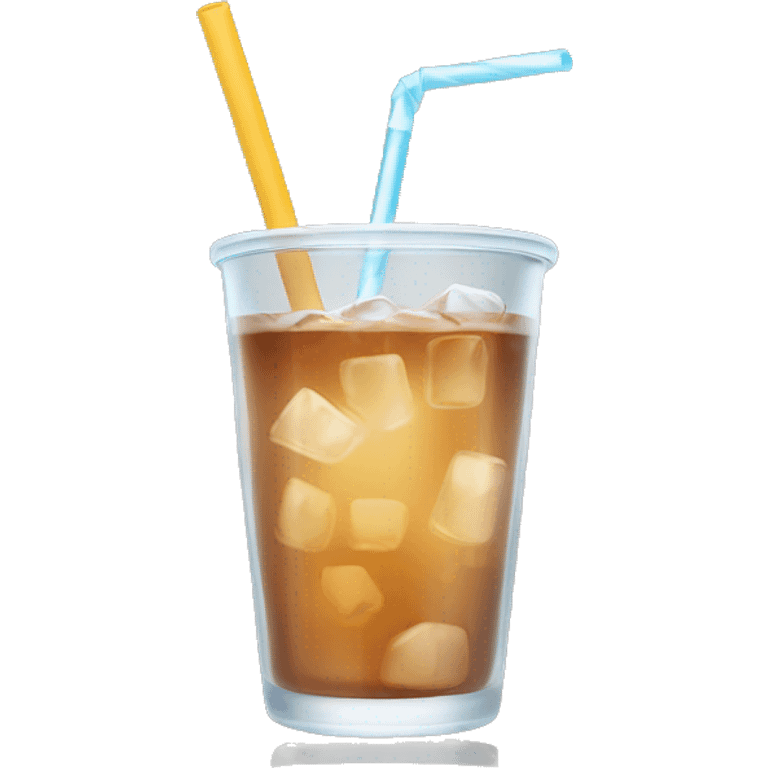 Clear glass cup with light brown drink, ice, and straw emoji