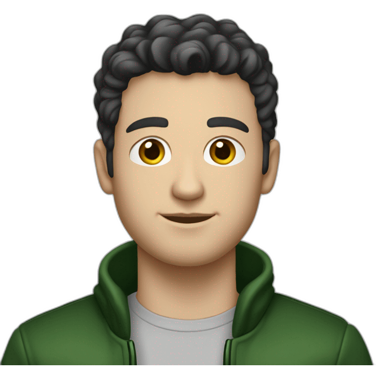 white guy, 30 years old, dark hair, medium height, blue eyes, wearing a green bomber and black jeans. emoji