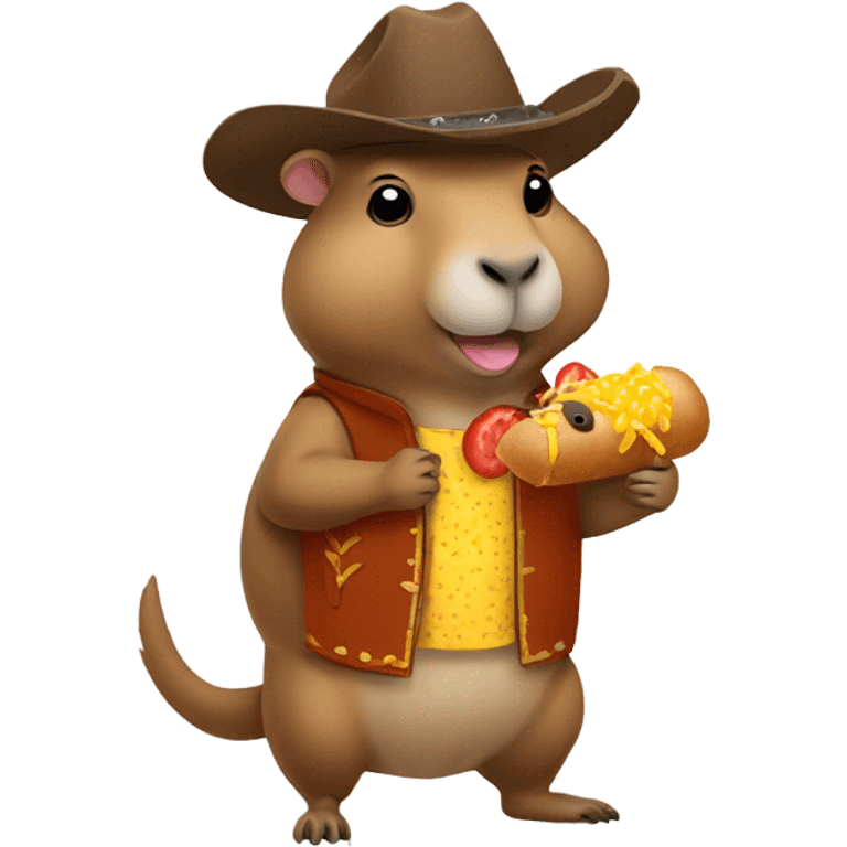 Asian capybara in a cowboy outfit that’s eating a sonic corn dog emoji