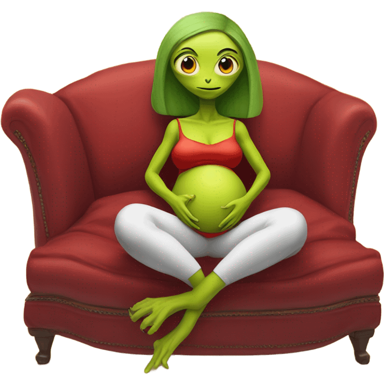 reptilian alien woman in red dress,pregnant, sitting on a jellow couch  emoji