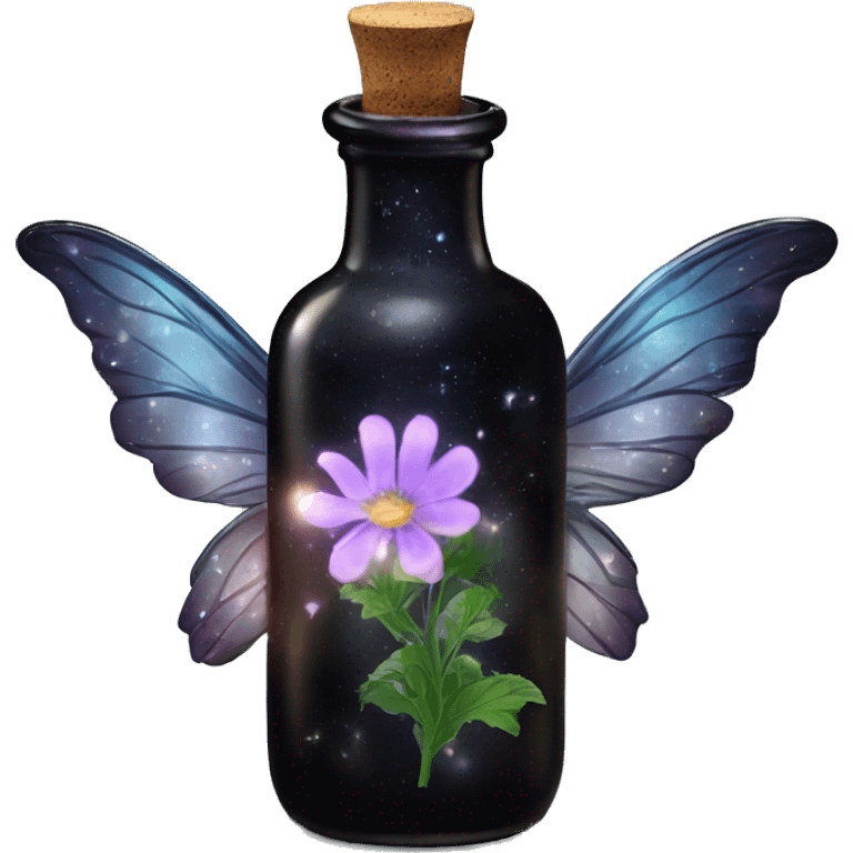 Black magic fairy light sparkling old Antique bottle with poison and with herbal and flowers emoji