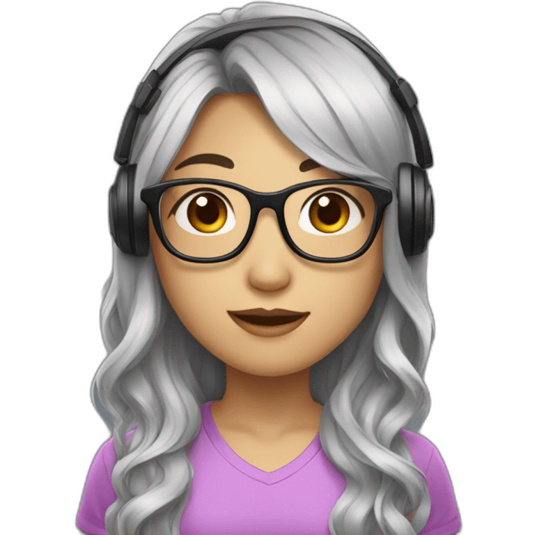 Asian girl with gamer headset and glasses and long wavy black hair emoji