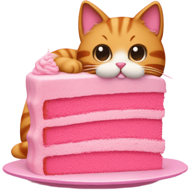 A pink cat eating a pink cake emoji