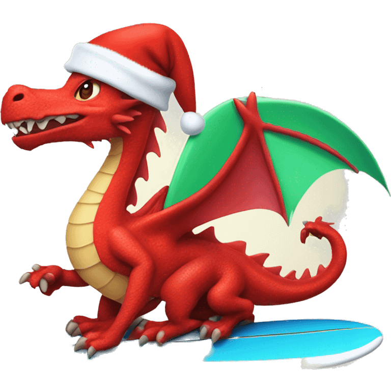 Red cartoon dragon riding a surfboard with a Santa hat on emoji