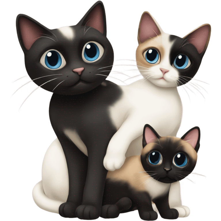 A Siamese cat with a calico cat with a black cat with white paws emoji