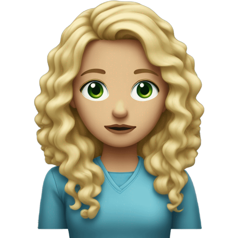 A girl with a very concerned face with long blond curly hair and green blue eyes emoji