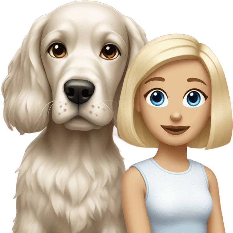 brunette girl short hair blue eyes  with blonde cocker spaniel emoji