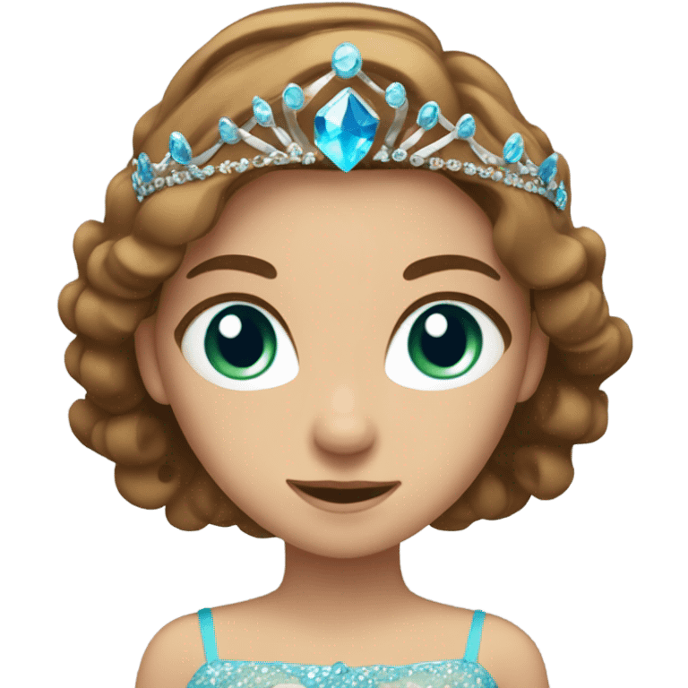 Girl with long brown hair and blue/green eyes wearing a tiara emoji