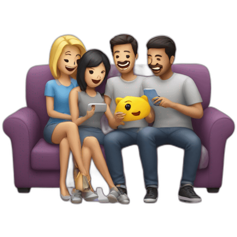 sofa with 3 friends looking at a phone emoji